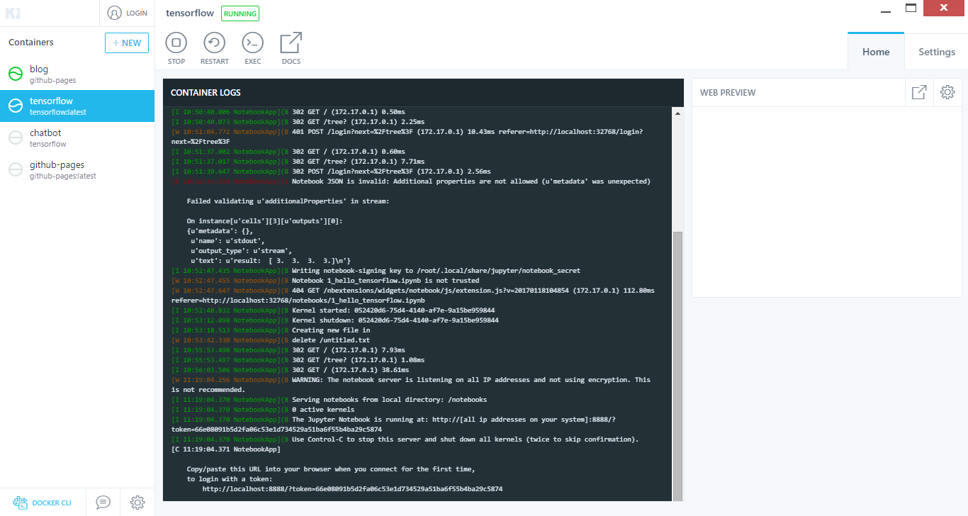 Tensorflow installed in docker (kitematic)